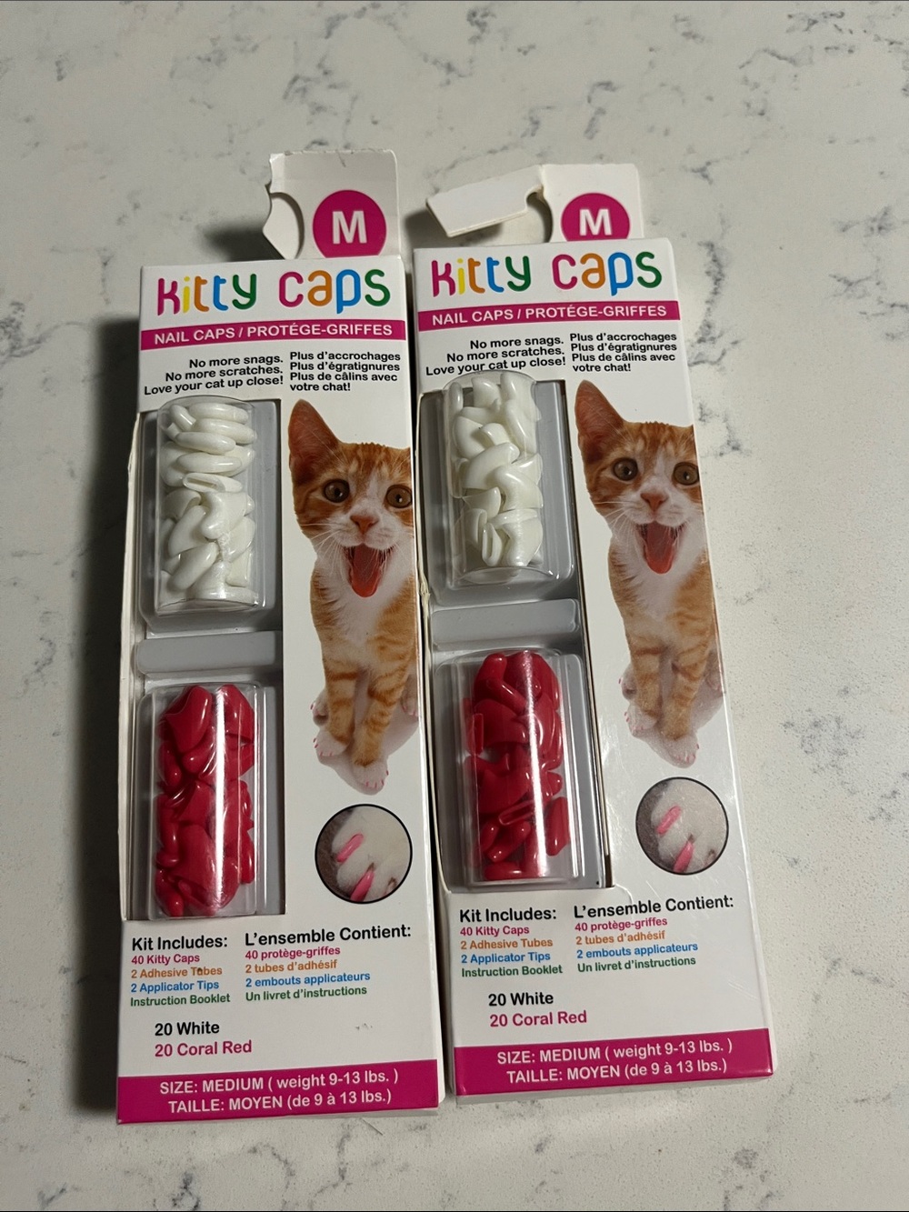 Cat Nail Caps - Medium White & Coral Red